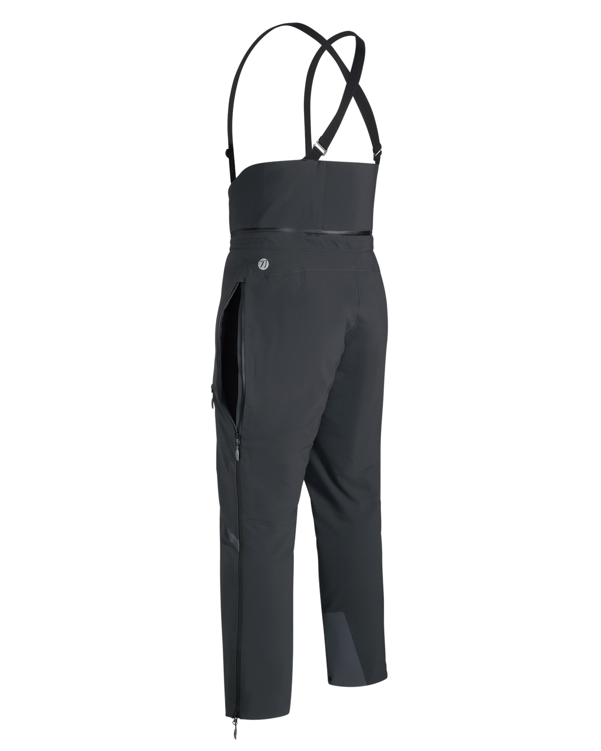Back of KUIU Kutana Gail Force Pant in Gunmetal Grey with high back, suspenders, and full-length side zippers, vented