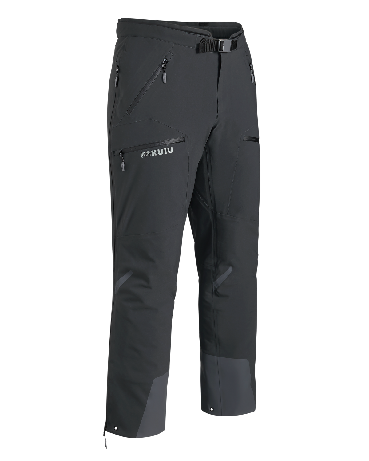 Front of Kutana Gale Force Pant in Gunmetal Grey with no suspenders showing