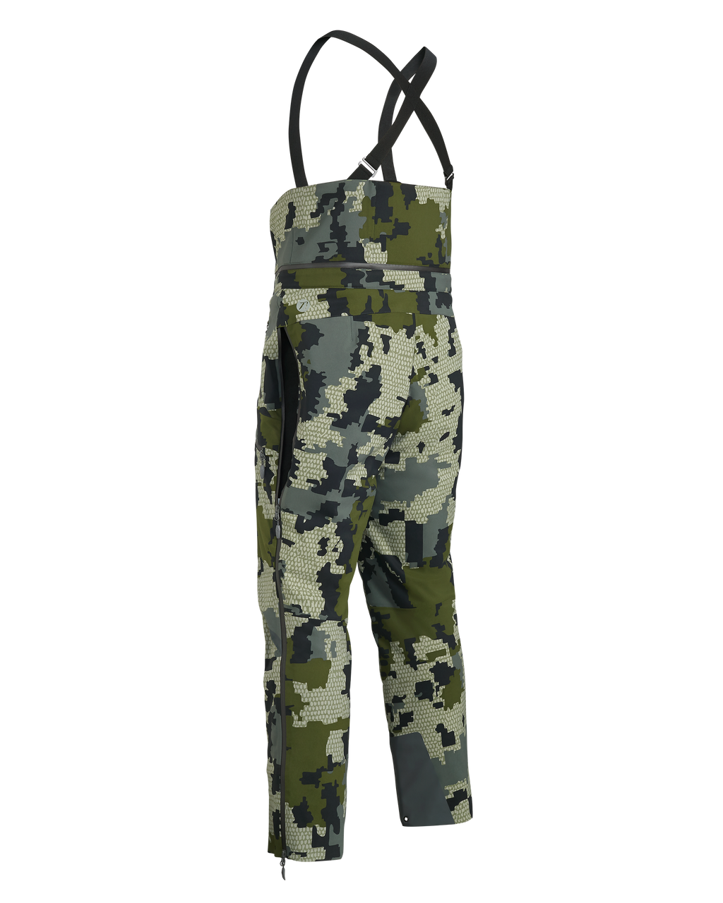 Back of KUIU Kutana Gail Force Pant in Verde camouflage with high back, suspenders, and full-length side zippers, vented.