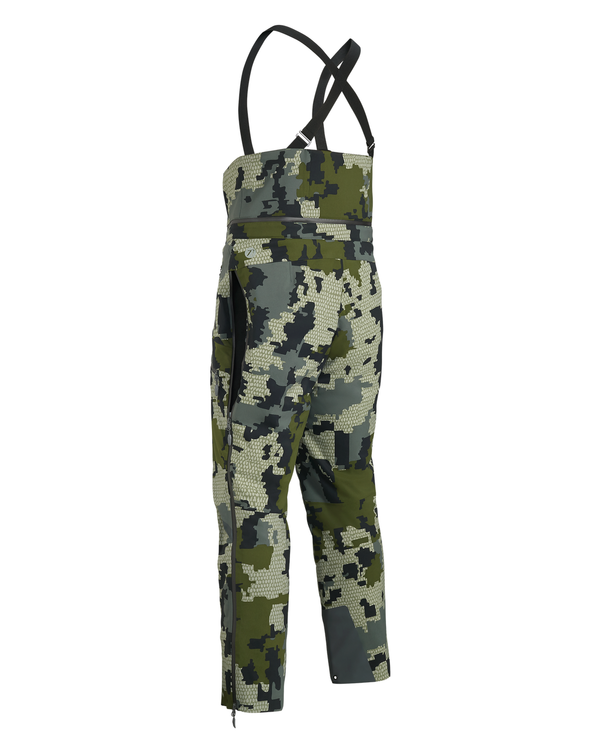 Back of KUIU Kutana Gail Force Pant in Verde camouflage with high back, suspenders, and full-length side zippers, vented.