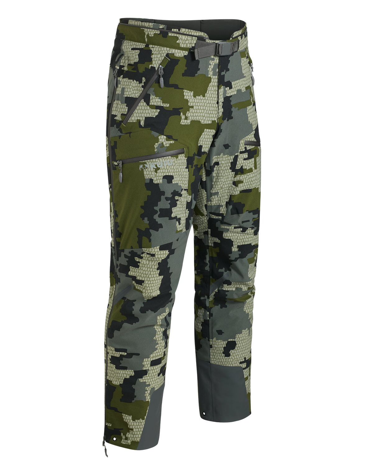 Front of Kutana Gale Force Pant in Verde Camouflage with no suspenders showing