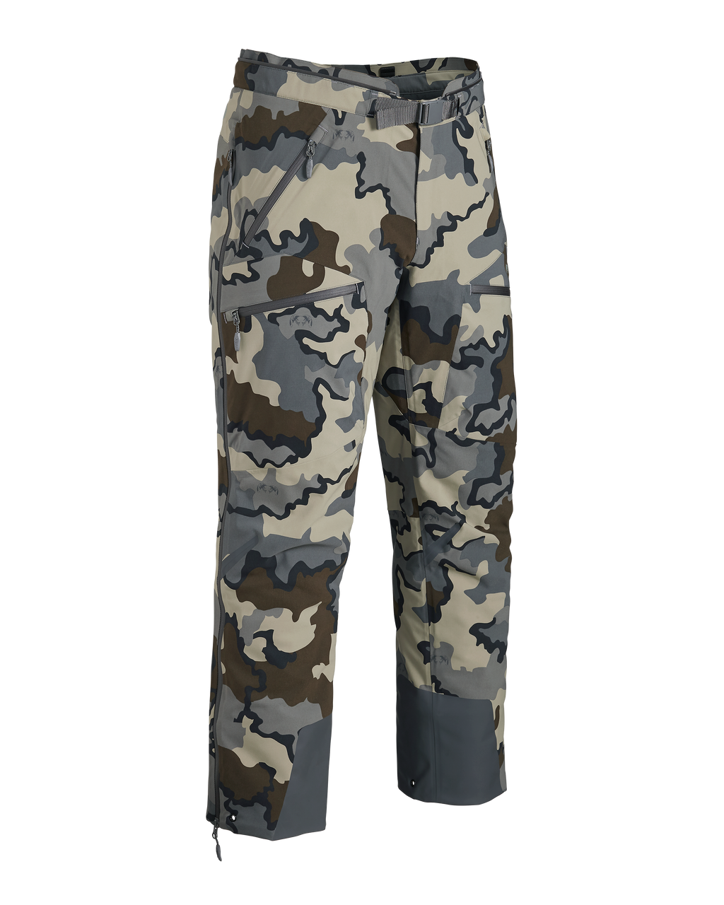 Front of Kutana Gale Force Pant in Vias Camouflage with no suspenders showing