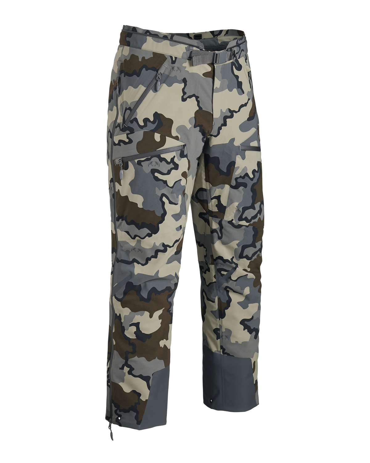Front of Kutana Gale Force Pant in Vias Camouflage with no suspenders showing