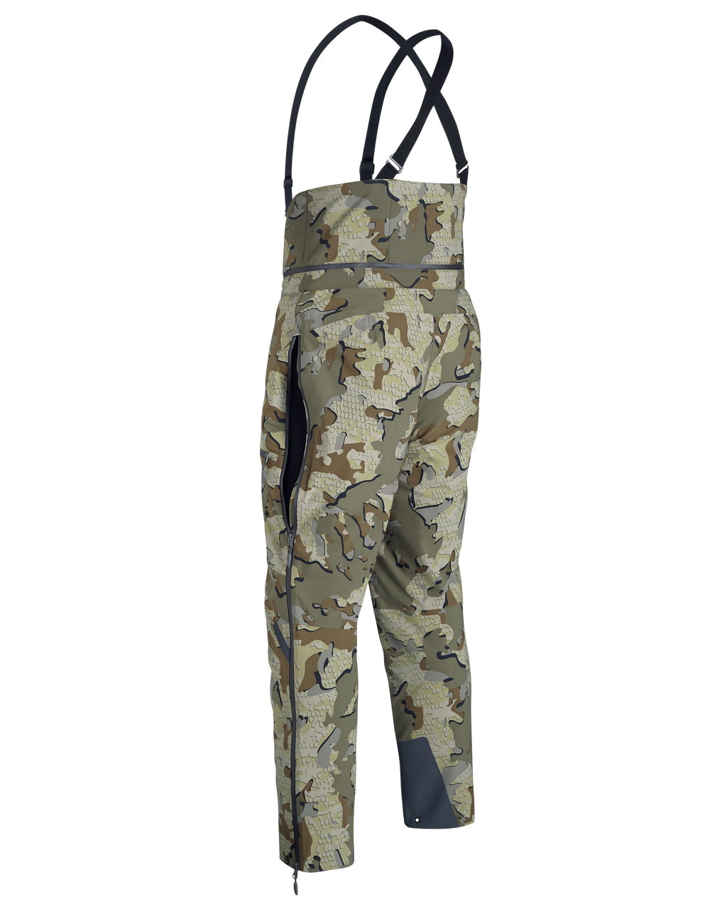 Back of KUIU Kutana Gail Force Pant in Valo camo with high back, suspenders, and full-length side zippers, vented.