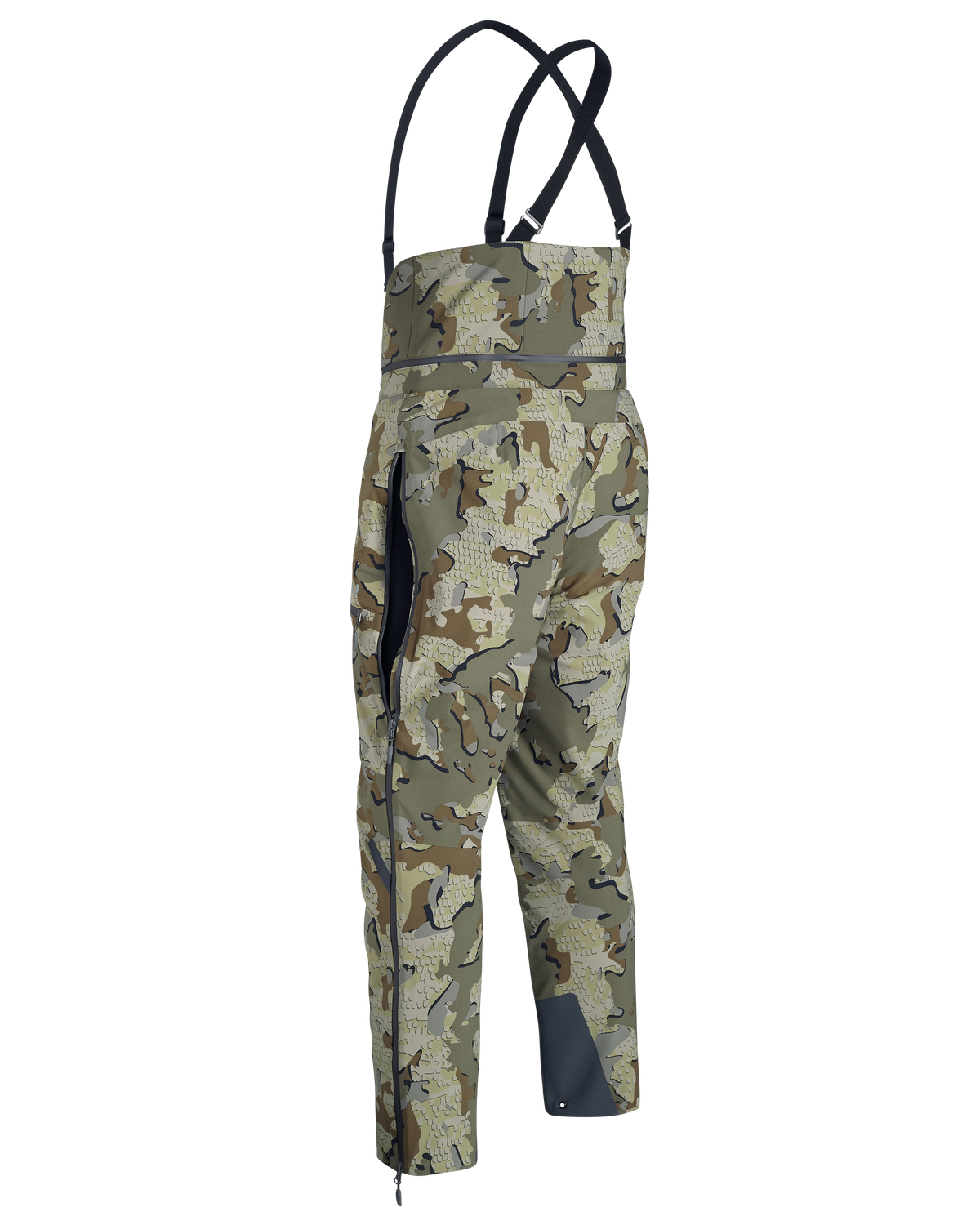Back of KUIU Kutana Gail Force Pant in Valo camo with high back, suspenders, and full-length side zippers, vented.