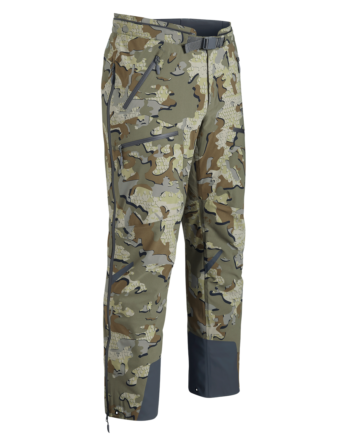 Front of Kutana Gale Force Pant in Vias Camouflage with no suspenders showing