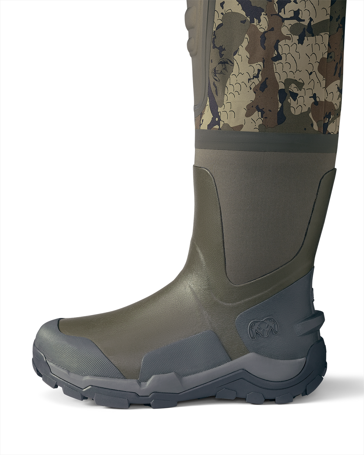 Side of KUIU PRO HD Flex Zip Wader Boots in Veros camouflage Highlighting the Self-cleaning Soles