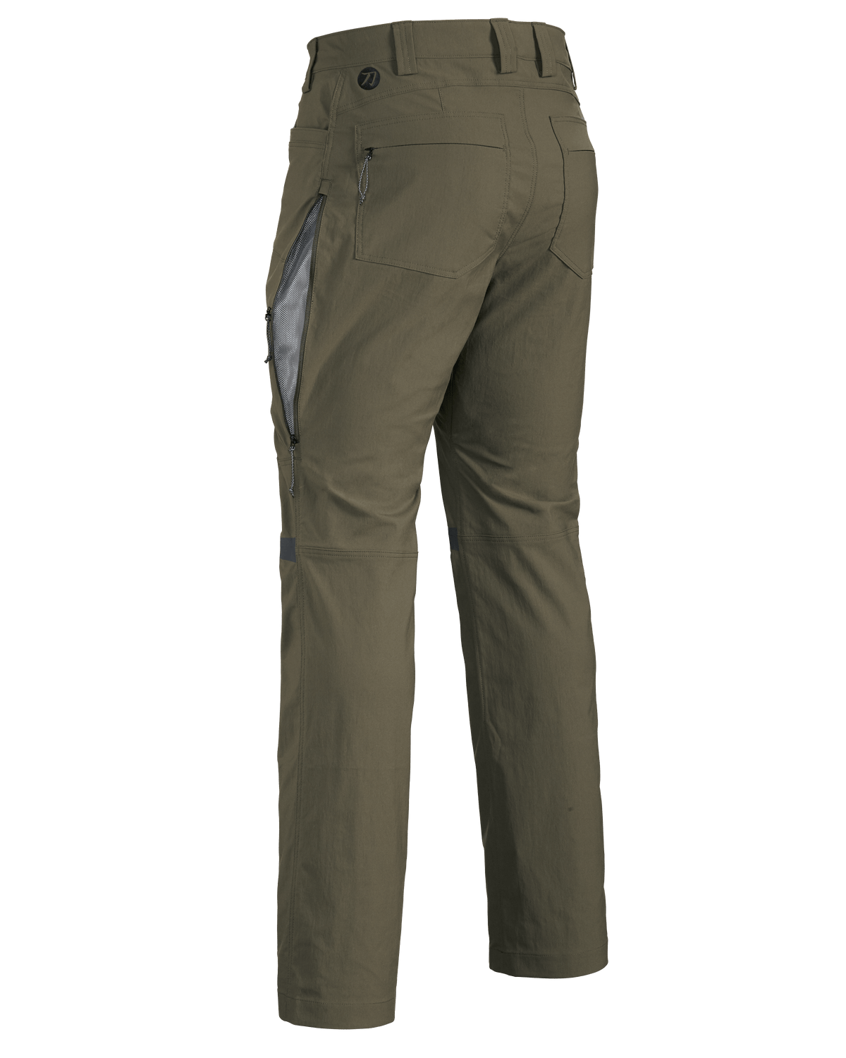 Rear, Angled View of Kutana Stretch Woven Pants in Ash Brown Color Highlighting Open YKK Zippered Hip Vent