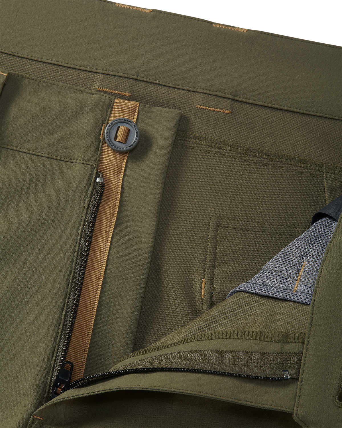 Open fly front zipper and button on KUIU Kutana Stretch Woven Pant in Evergreen