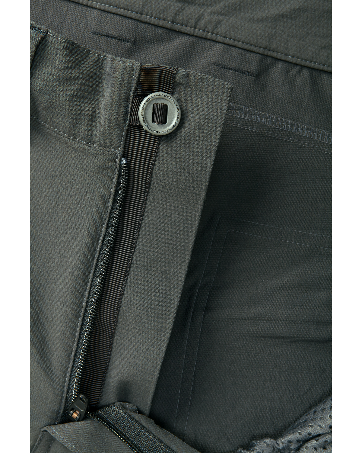 Front of KUIU Kutana Stretch Woven Pant in Gunmetal Grey Highlighting YKK Fly Zipper