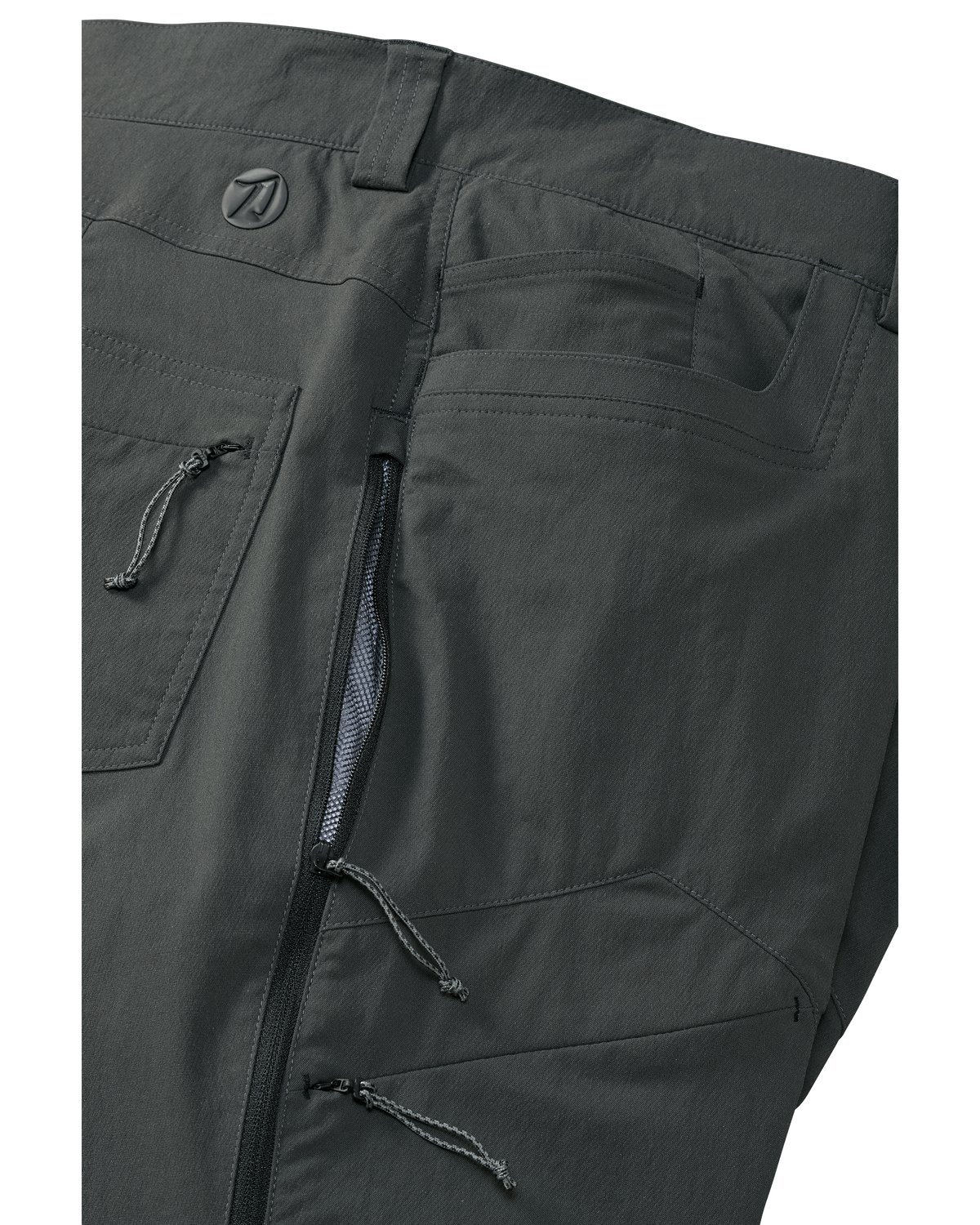 Side View of Kutana Stretch Woven Pants in Gunmetal Grey Color Highlighting Open YKK Zippered Hip Vent