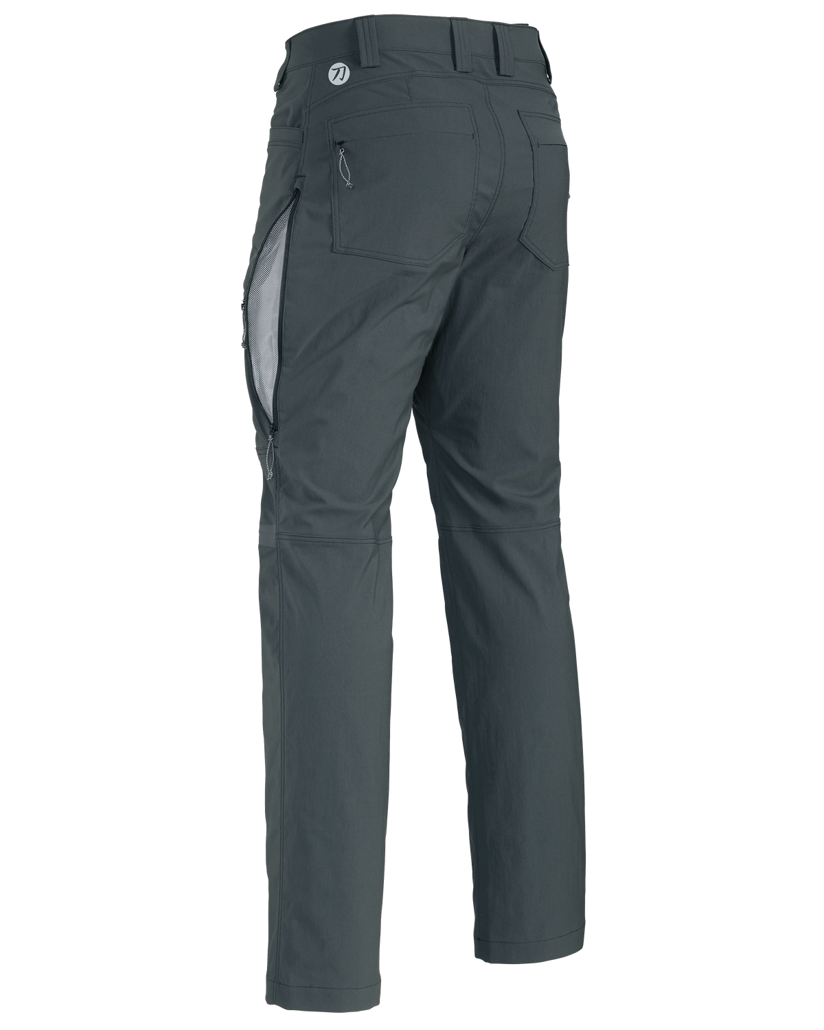 Side View of Kutana Stretch Woven Pants in Gunmetal Grey Color Highlighting Open YKK Zippered Hip Vent