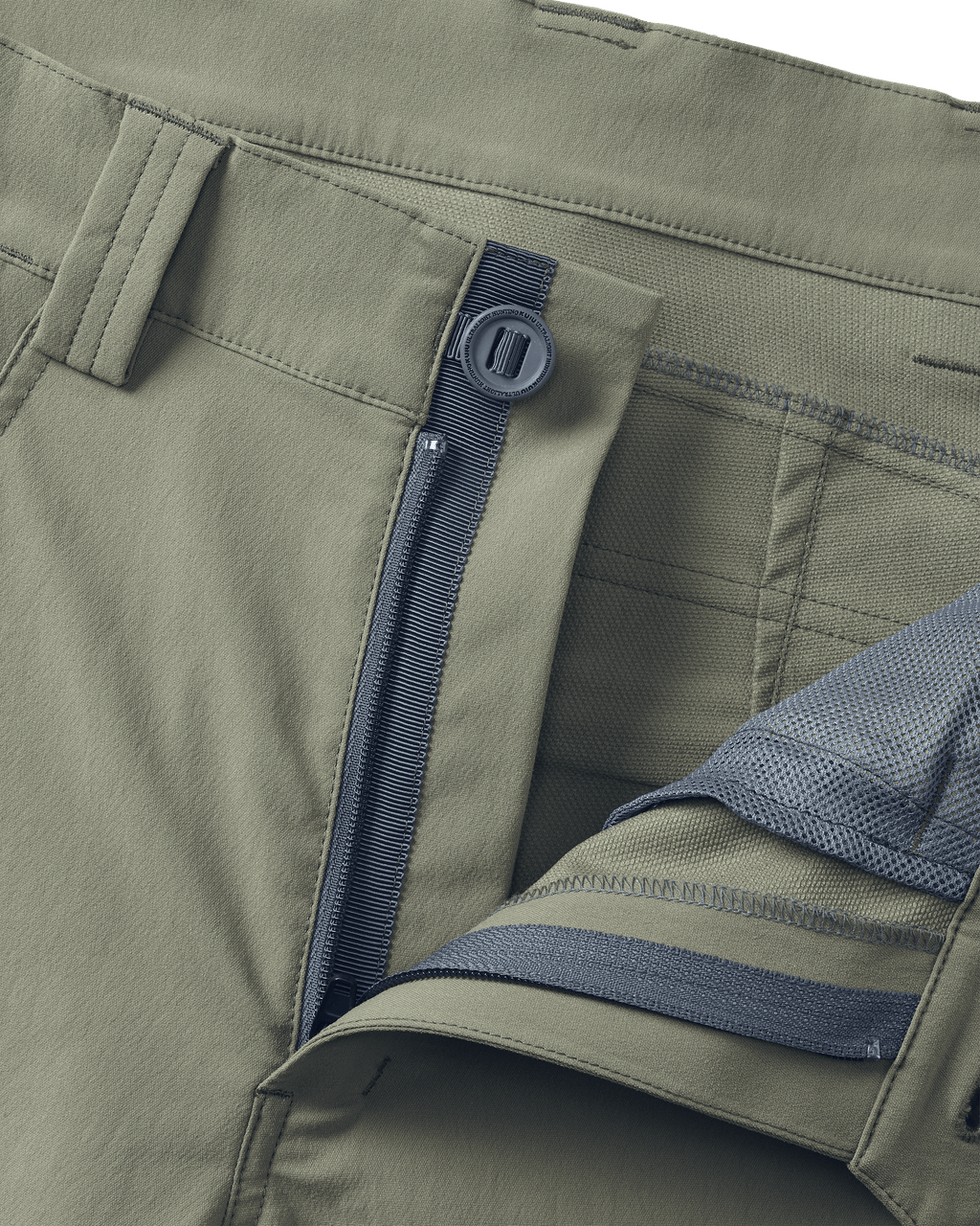Front of Kutana Stretch Woven Pant in Khaki highlighting YKK zipper and Duraflex button