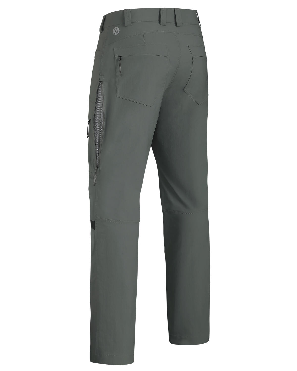Back of KUIU Kutana Stretch Woven Pant with open hip vent in Stone Grey