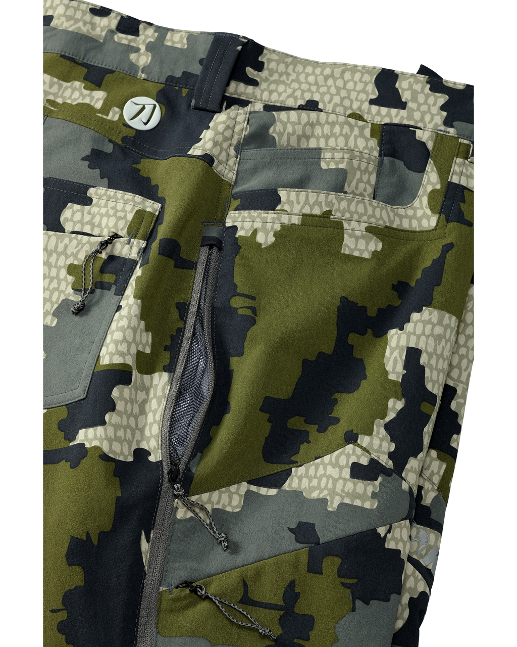 Side View of Kutana Stretch Woven Pants in Verde Camouflage Highlighting Open YKK Zippered Hip Vent