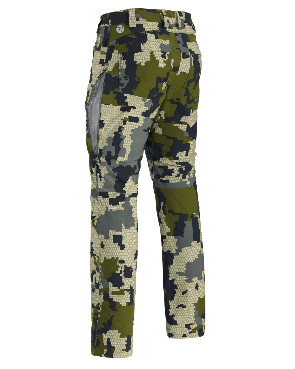 Rear, Angled View of Kutana Stretch Woven Pants in Verde Camouflage Highlighting Open YKK Zippered Hip Vent