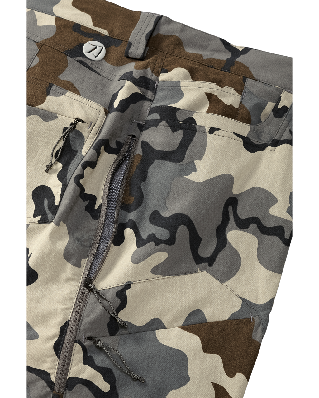 Side View of Kutana Stretch Woven Pants in Vias Camouflage Highlighting Open YKK Zippered Hip Vent