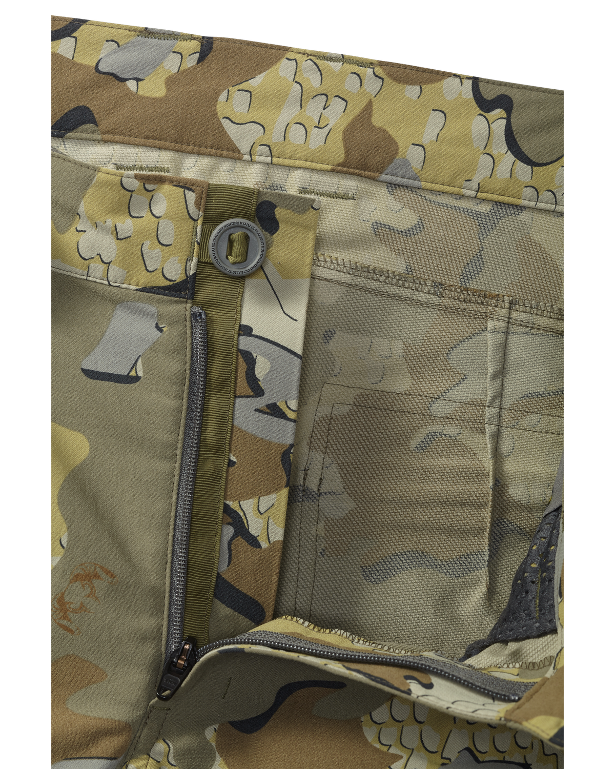 Front of KUIU Kutana Stretch Woven Pant in Valo Camouflage Highlighting YKK Fly Zipper