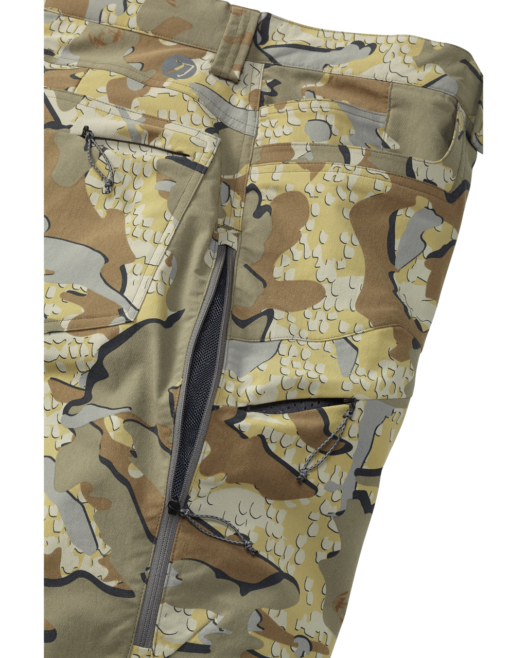 Side View of Kutana Stretch Woven Pants in Valo Camouflage Highlighting Open YKK Zippered Hip Vent