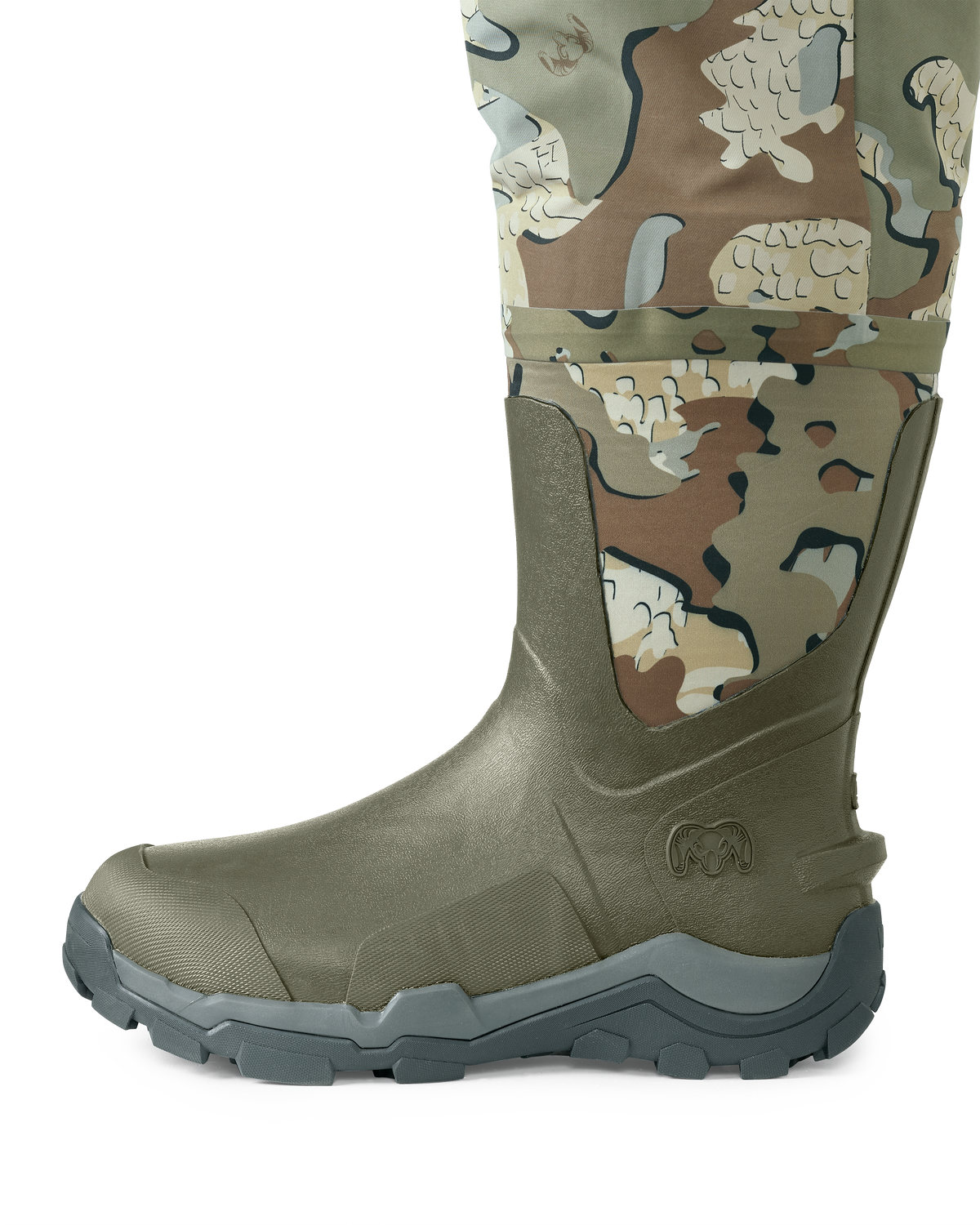 Side of HD Flex Wader Boots in Valo Camouflage Highlighting the Self-cleaning Soles