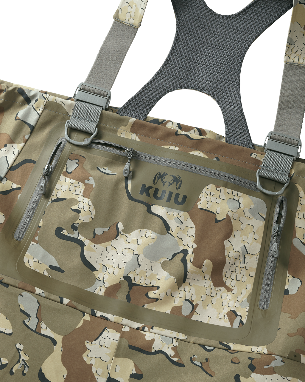 Front panel of KUIU HD Flex Wader in Valo Camouflage