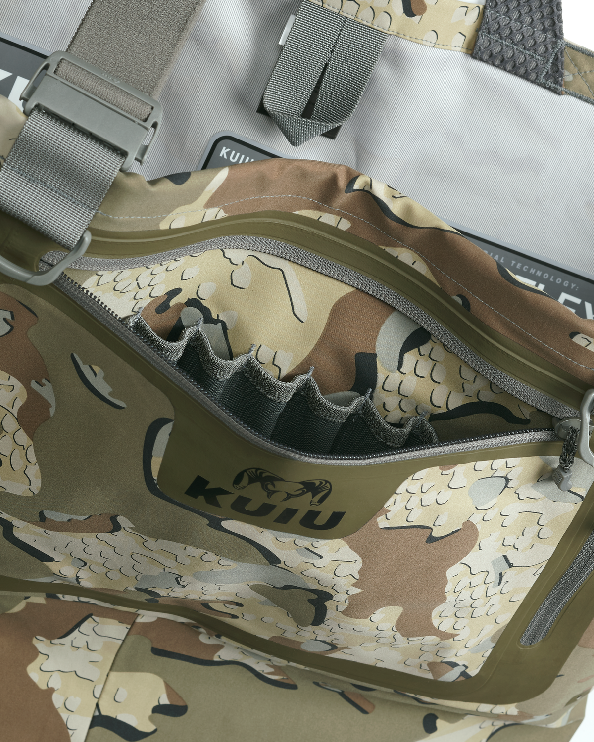 Front panel interior pocket of KUIU HD Flex Wader in Valo Camouflage