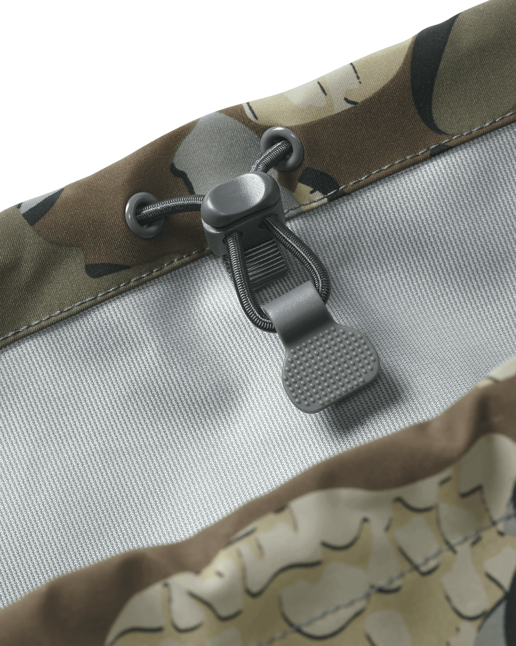 Inside View of HD Flex Waders in Valo Camouflage Highlighting Chest Cinch to Secure Waders Close to Chest