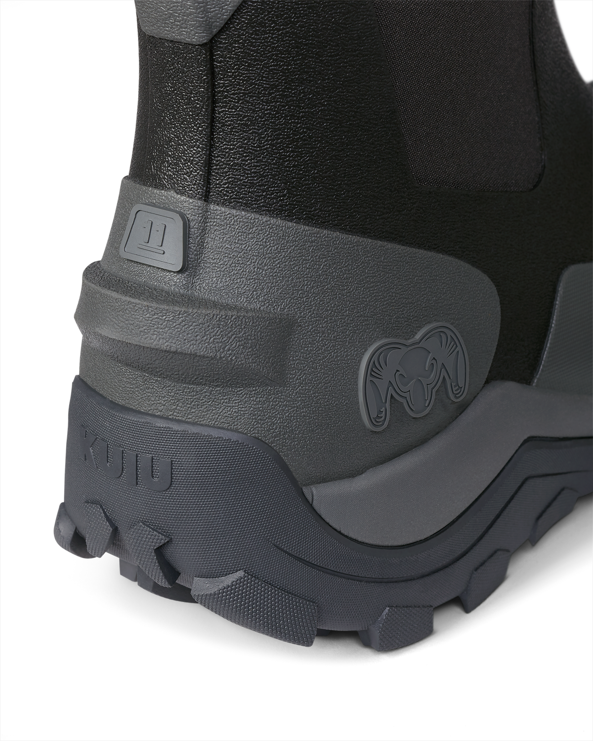 Back view of the kick-off heel tab on KUIU Ankle Mud Boot in Asphalt Grey