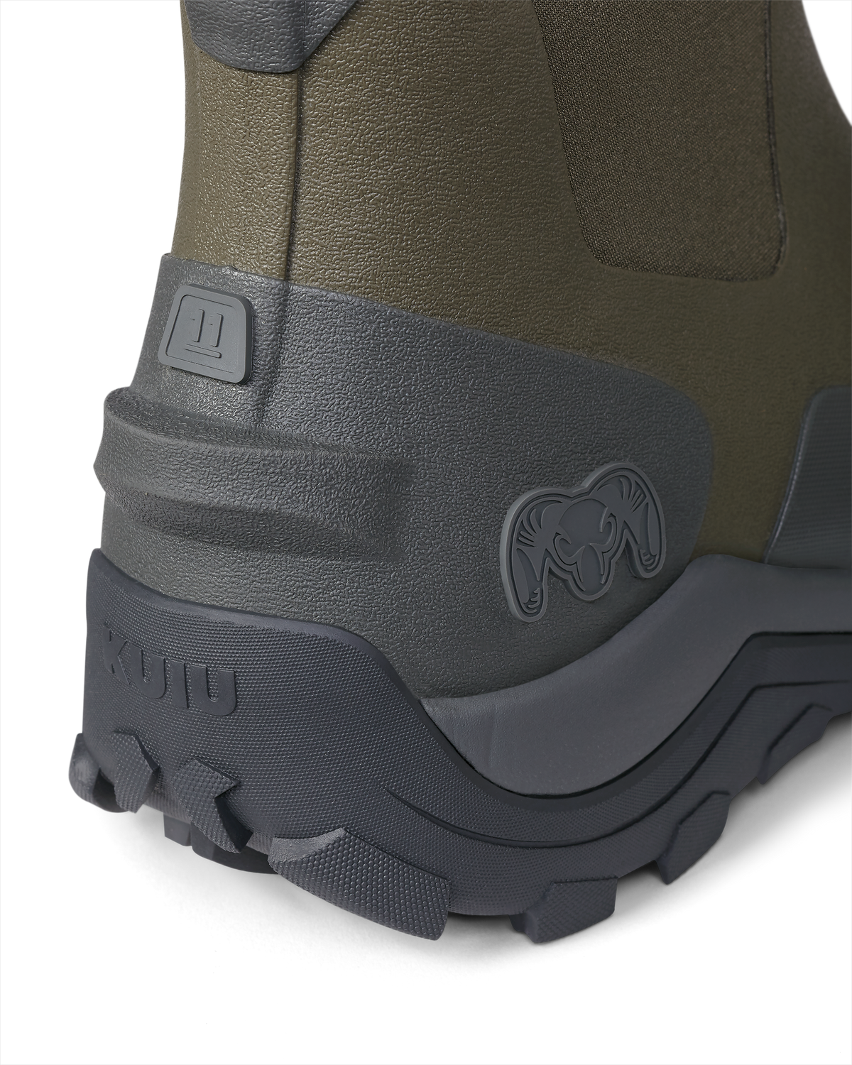 Back view of the kick-off heel tab on KUIU Ankle Mud Boot in Ash Brown