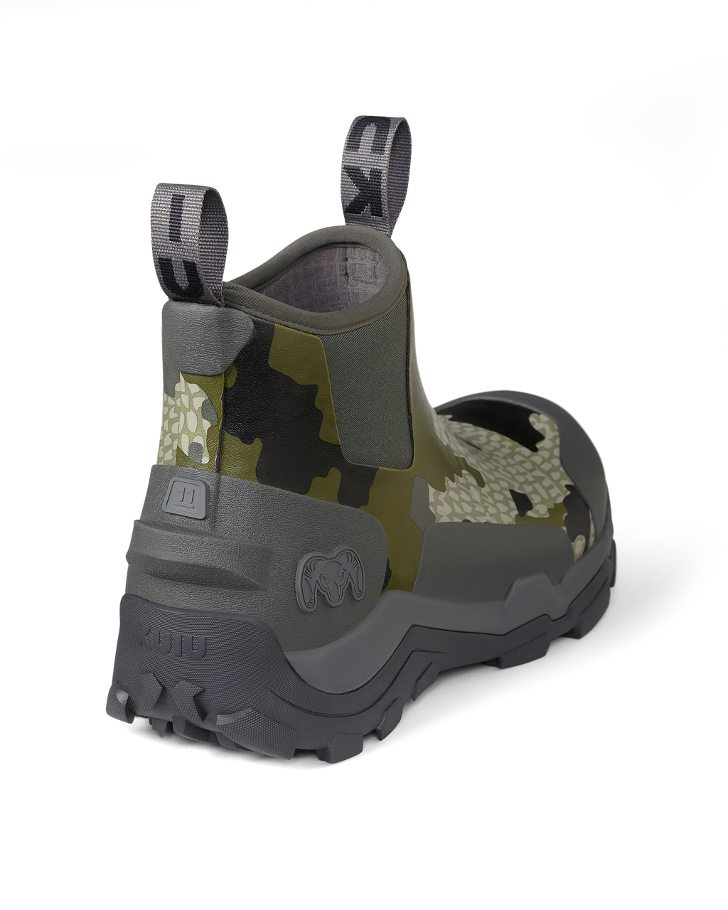 Back right pair of KUIU Ankle Mud Boot in Verde Camouflage