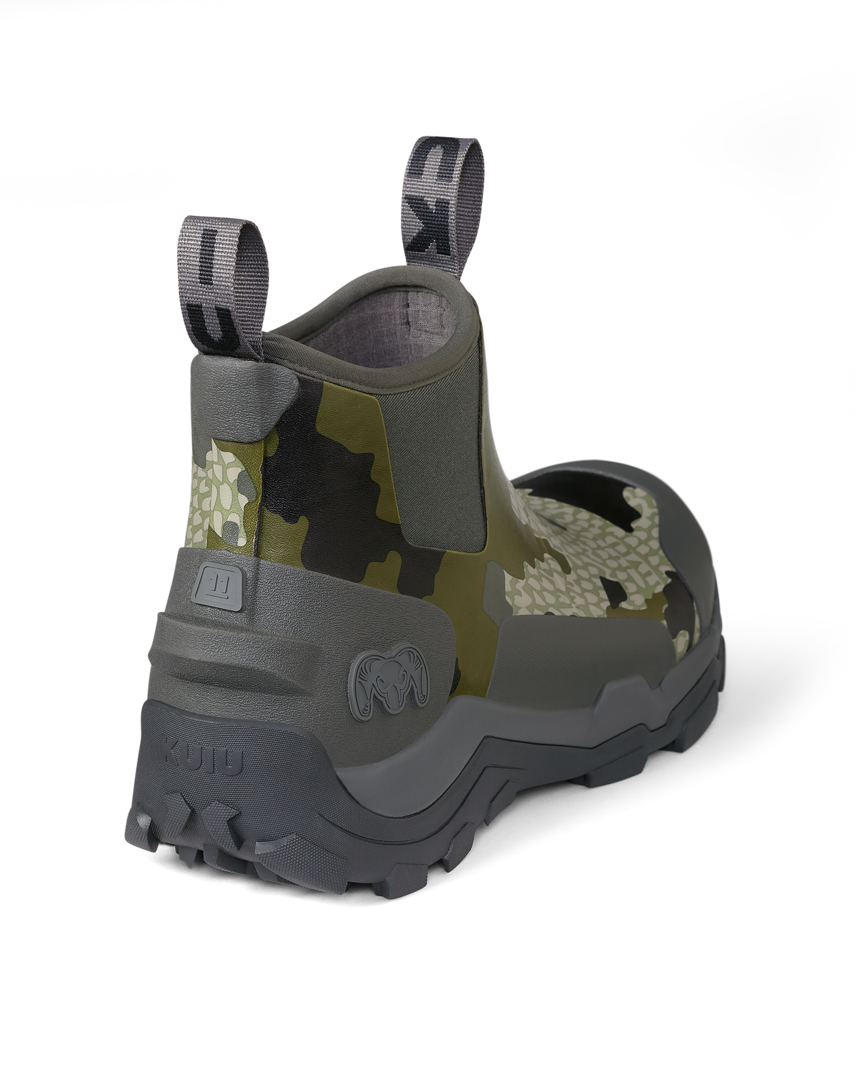 Back right pair of KUIU Ankle Mud Boot in Verde Camouflage