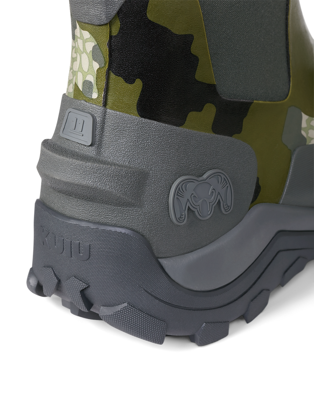 Back view of the kick-off heel tab on KUIU Ankle Mud Boot in Verde Camouflage