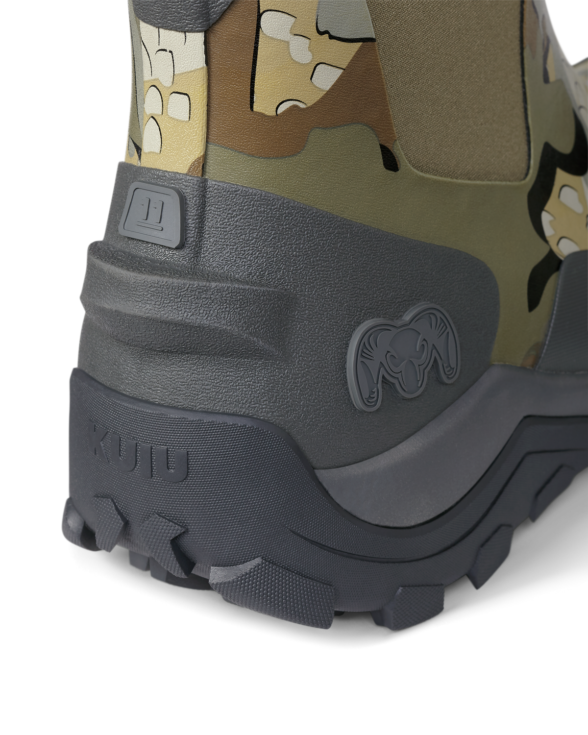 Back view of the kick-off heel tab on KUIU Ankle Mud Boot in Valo Camouflage