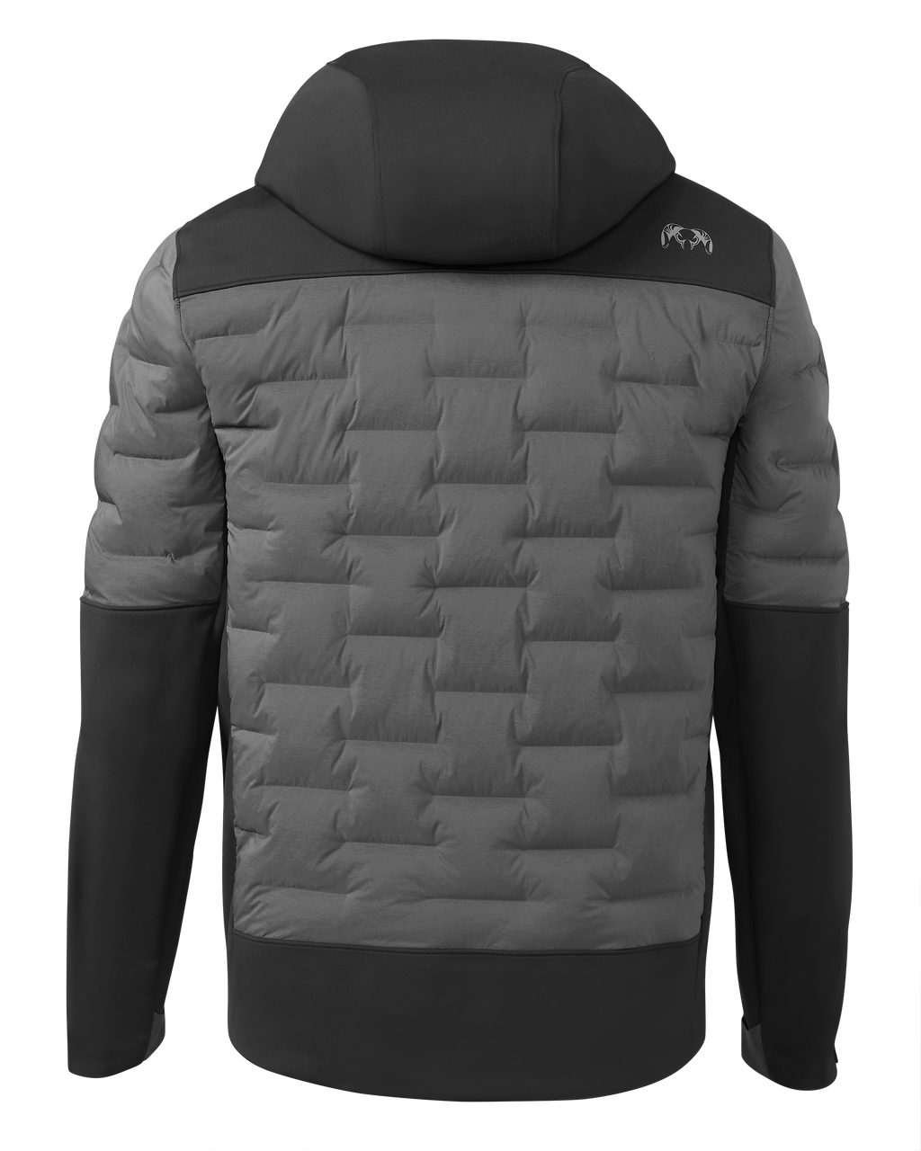 Back of Axis Thermal Hybrid Hooded Jacket in Black and Gunmetal Colorblock