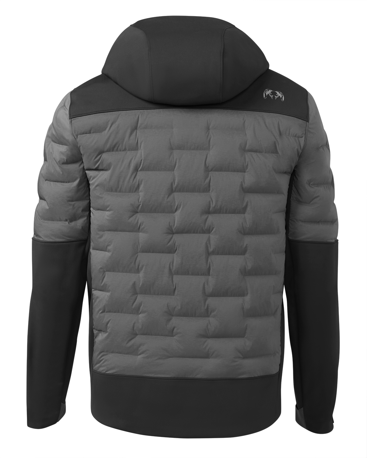 Back of Axis Thermal Hybrid Hooded Jacket in Black and Gunmetal Colorblock