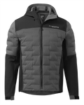 Front of Axis Thermal Hybrid Hooded Jacket in Black and Gunmetal Colorblock