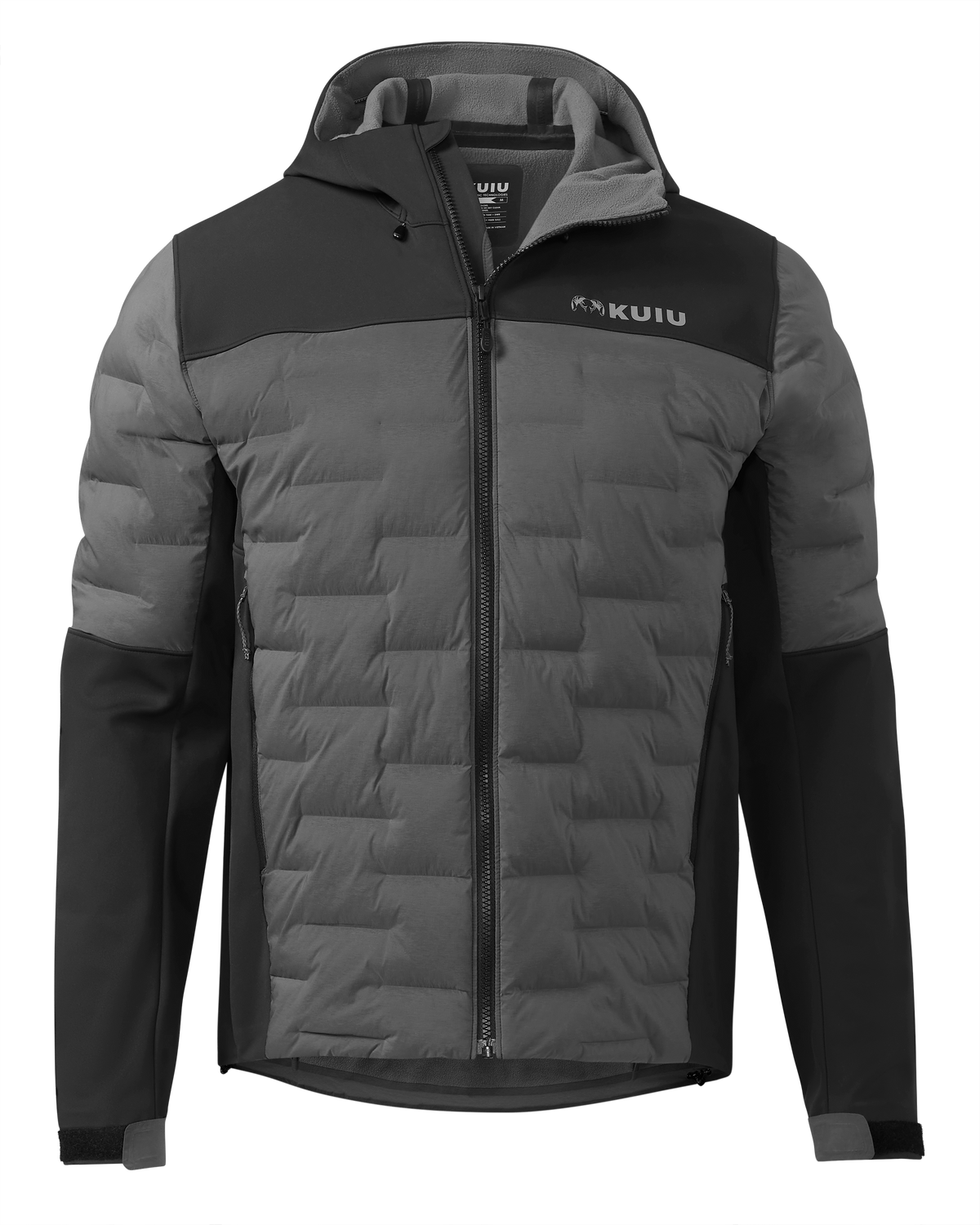 Front of Axis Thermal Hybrid Hooded Jacket in Black and Gunmetal Colorblock