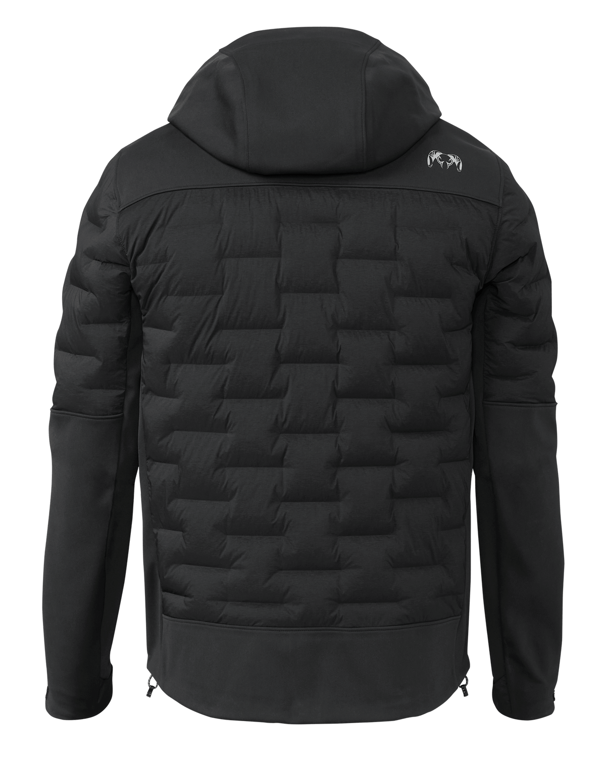 Back of Axis Thermal Hybrid Hooded Jacket in Charcoal Black