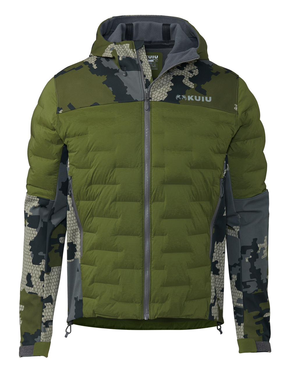 Front of Axis Thermal Hooded Jacket in Verde Camouflage