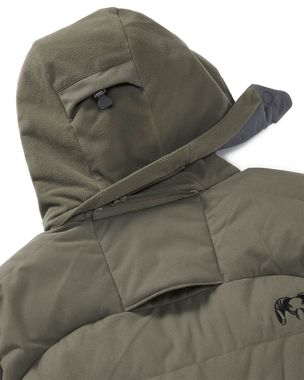 Back view of zip-off hood with magnetic connection points and treestand safety harness port on the Super Down Haven Hooded Jacket in Ash Brown