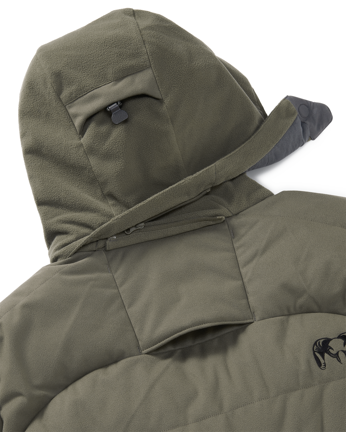 Back view of zip-off hood with magnetic connection points and treestand safety harness port on the Super Down Haven Hooded Jacket in Ash Brown
