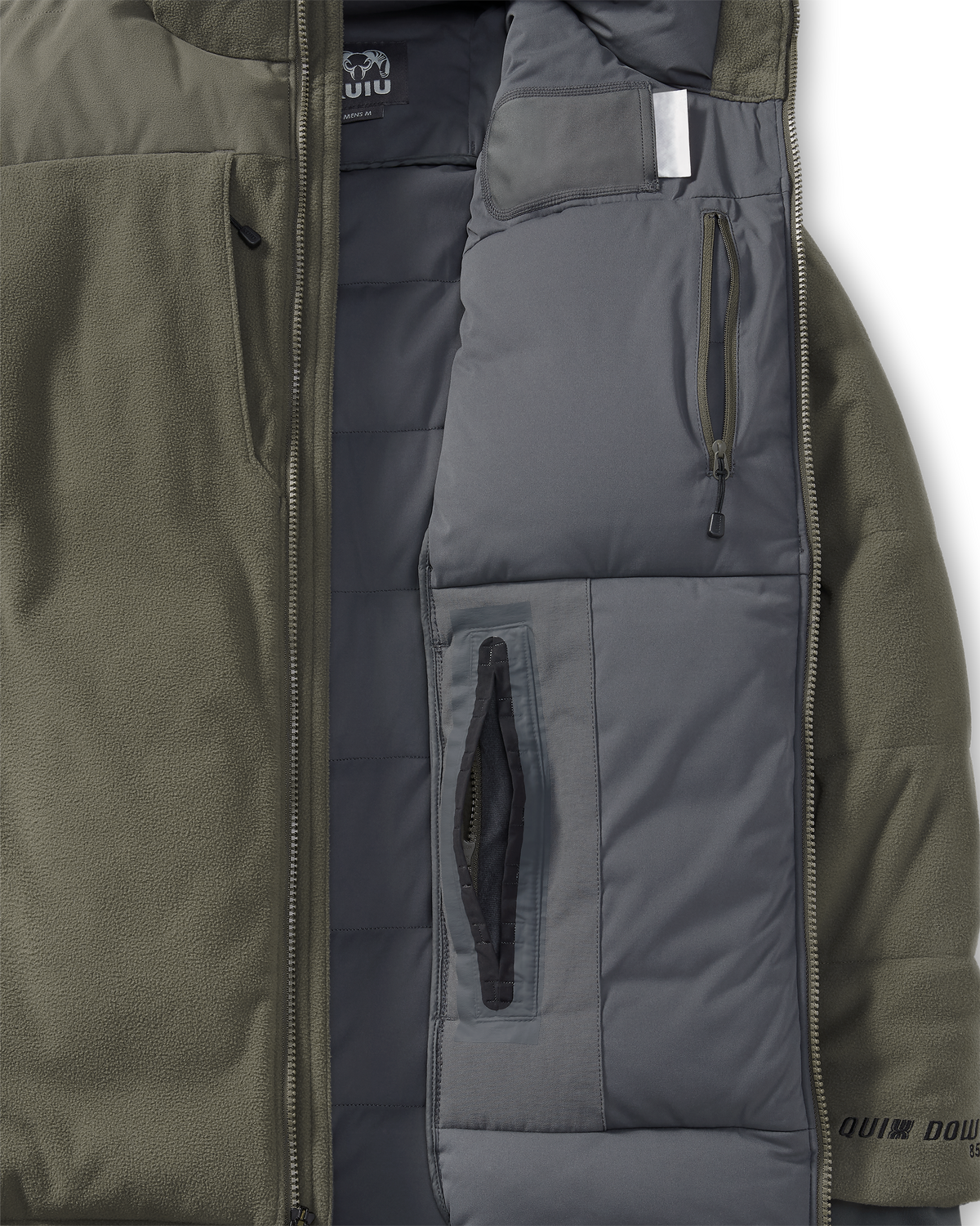 Zippered interior accessory pocket and pass-through hand pocket on the KUIU Super Down Haven Jacket in Ash Brown