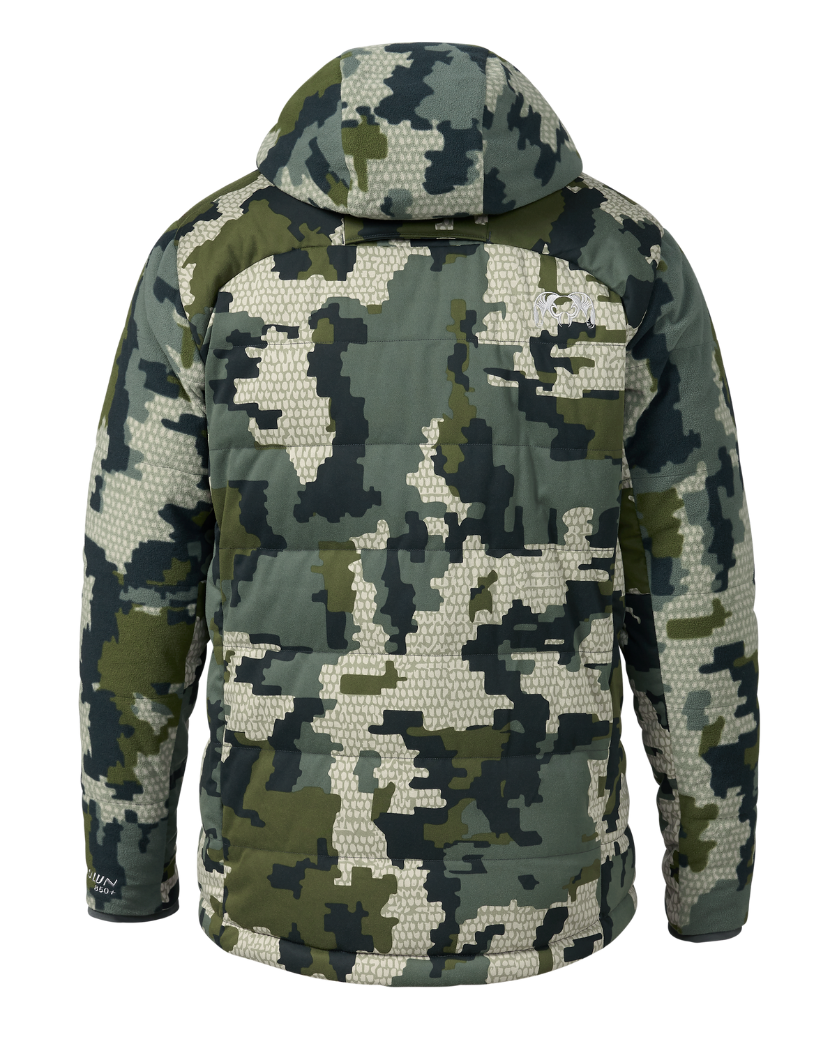 Back of Super Down Haven Hooded Jacket in Verde Camouflage