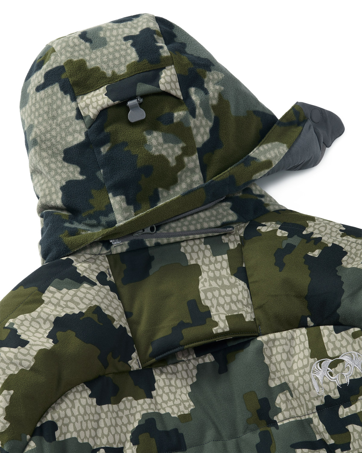 Back view of zip-off hood with magnetic connection points and treestand safety harness port on the Super Down Haven Hooded Jacket in Verde Camouflage