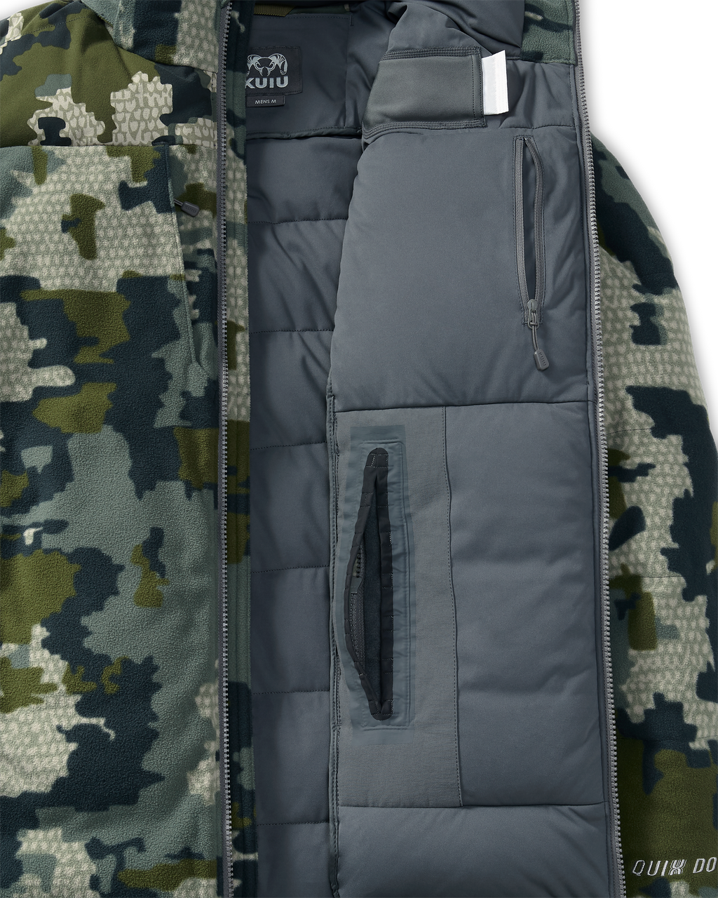 Zippered interior accessory pocket and pass-through hand pocket on the KUIU Super Down Haven Jacket in Verde Camouflage
