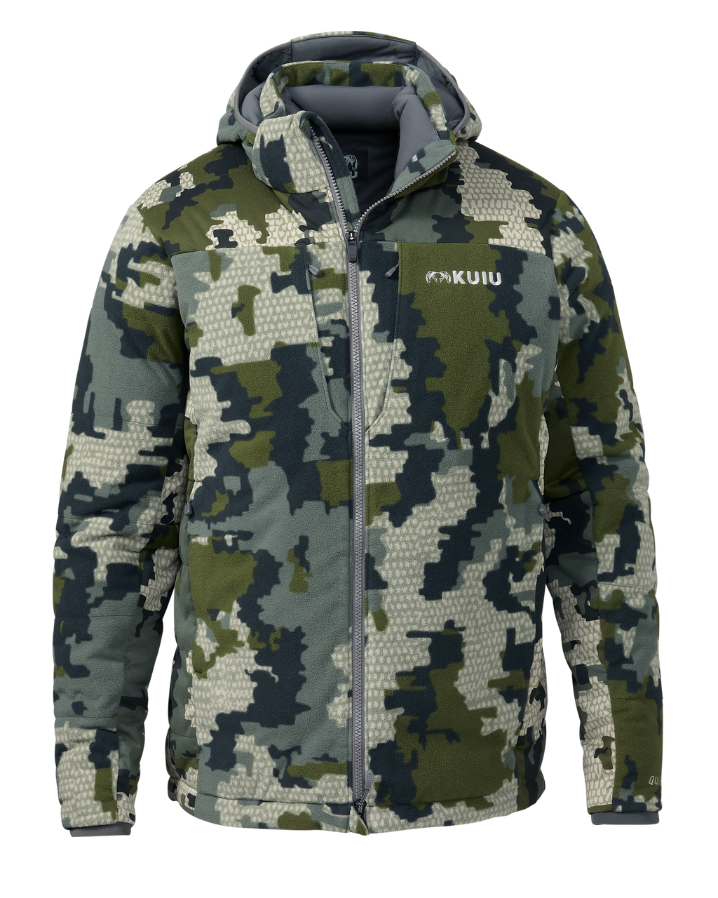 Front of Super Down Haven Hooded Jacket in Verde Camouflage
