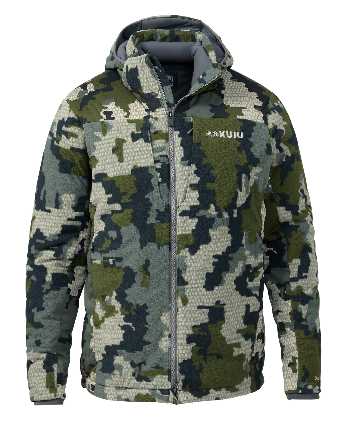 Front of Super Down Haven Hooded Jacket in Verde Camouflage