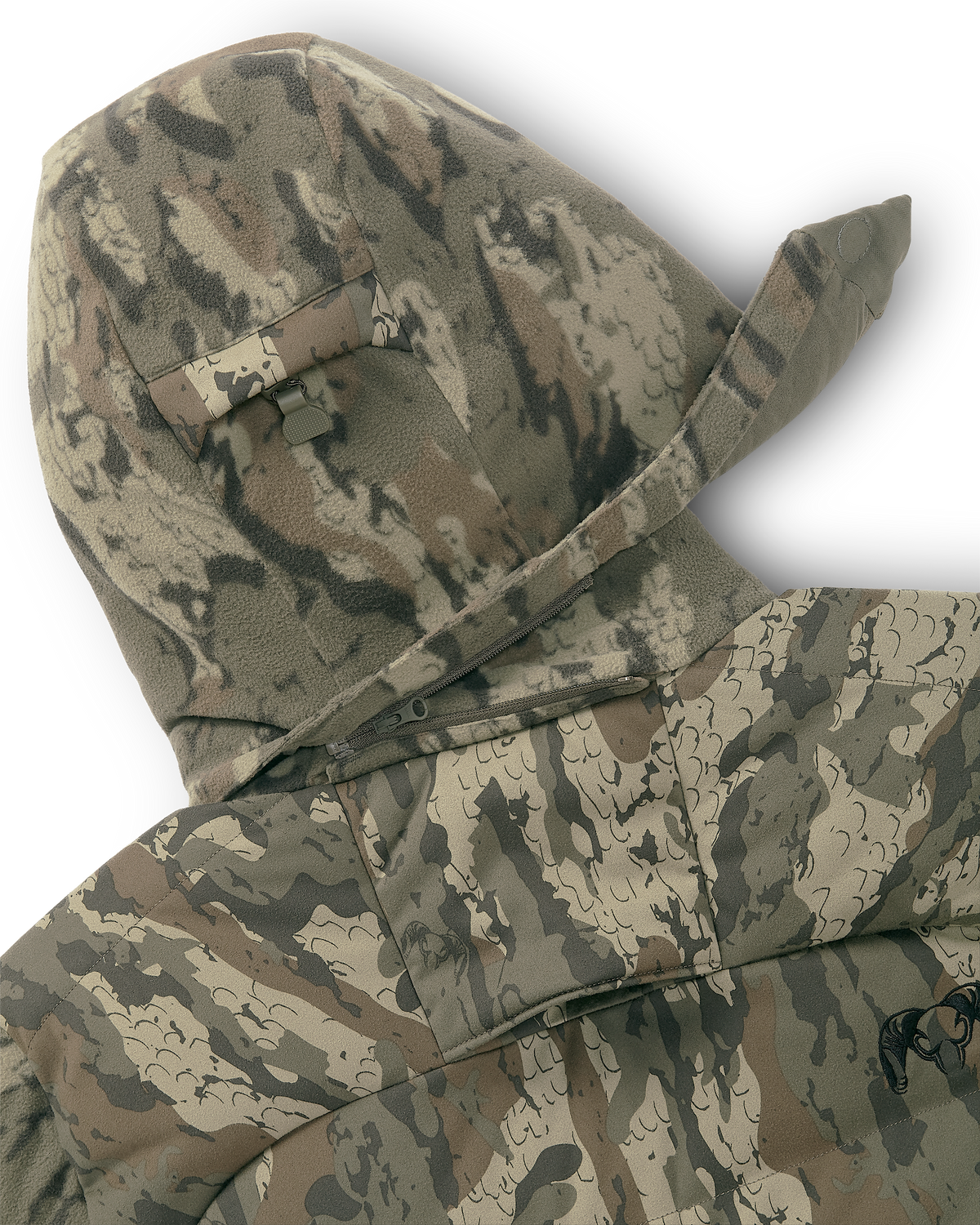 Close-up of removable hood on a Super Down Haven Jacket in Veros Camouflage, showing the hood, strap, and zipper details.