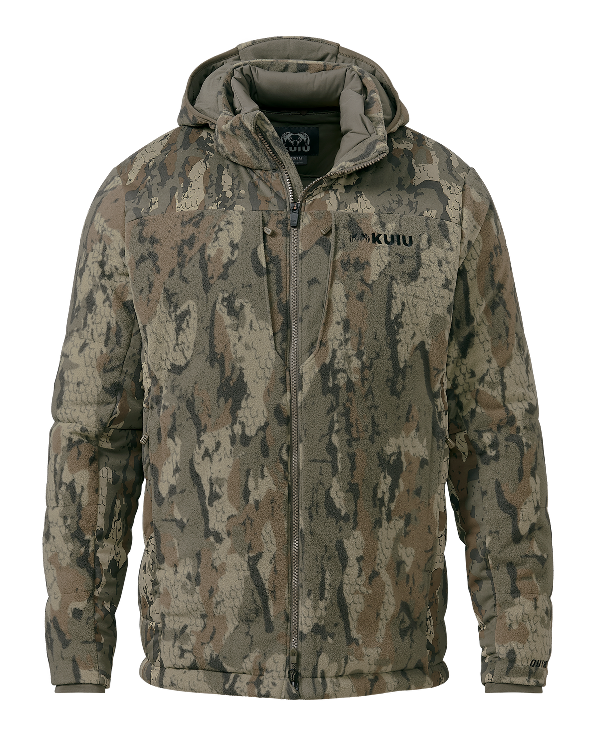 Front of Super Down Haven Hooded Jacket in Veros Camouflage