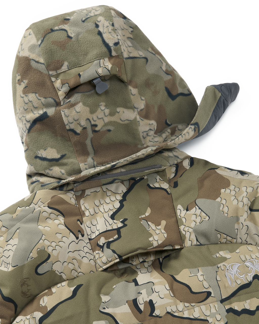 Back view of zip-off hood with magnetic connection points and treestand safety harness port on the Super Down Haven Hooded Jacket in Valo Camouflage